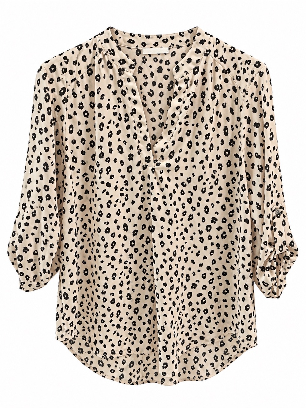 Beige Leopard Print Roll-Tab Blouse - Casual Button-Front Top